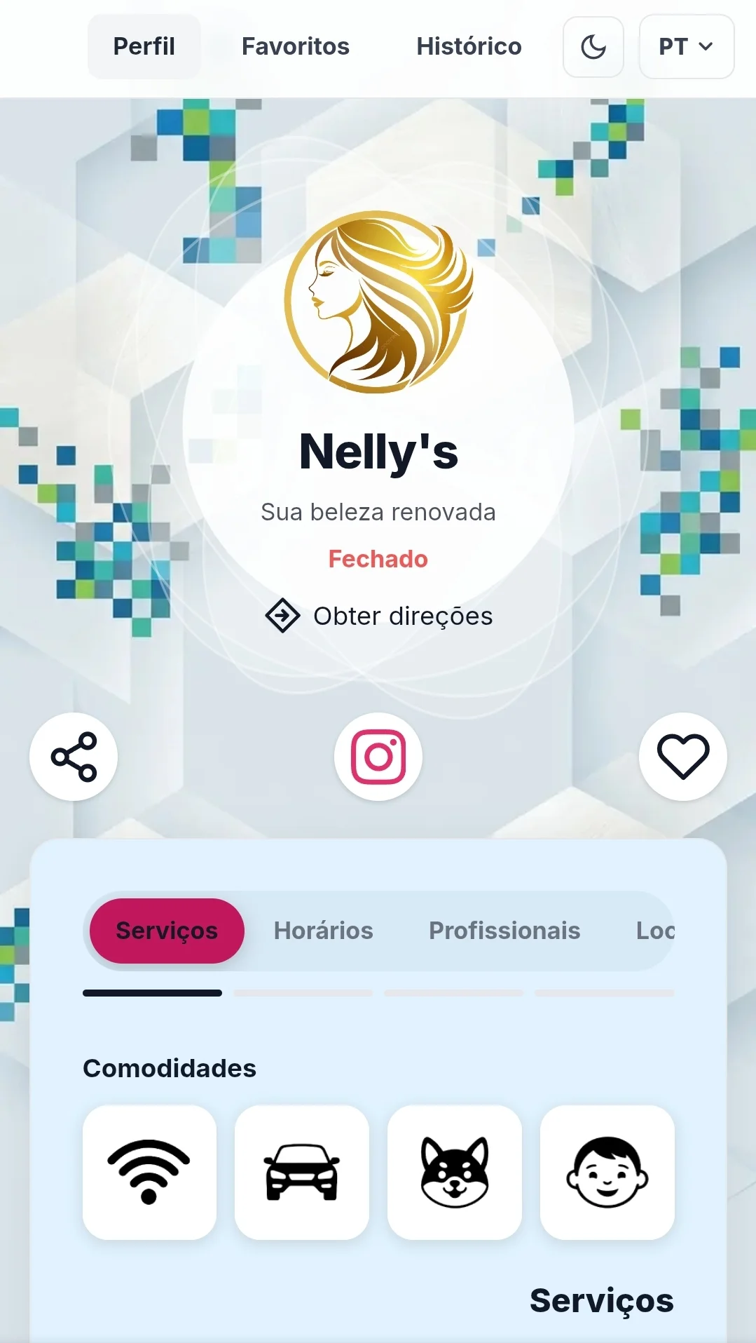 Página pública de agendamento do Agendhora no telemóvel, com os serviços disponíveis para o cliente escolher