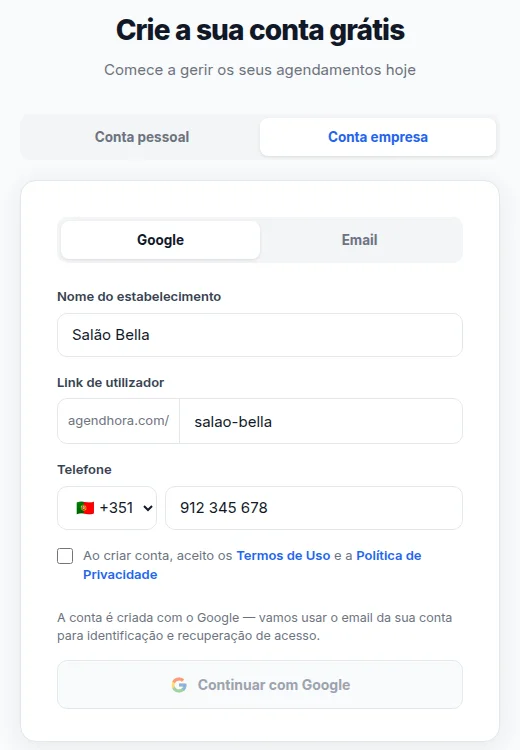 Formulário de criação de conta grátis do Agendhora, com nome do estabelecimento, link e telefone