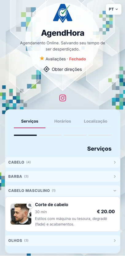 Passo Serviços da página de agendamento