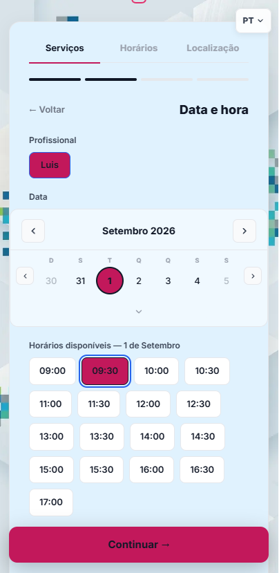 Passo Data e hora da página de agendamento