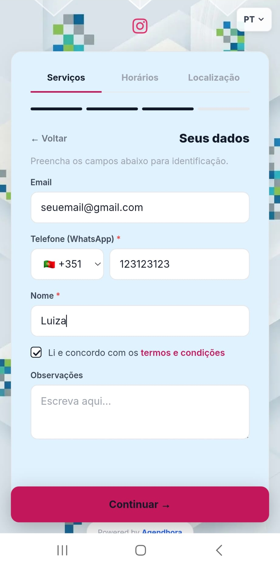 Passo Seus dados da página de agendamento
