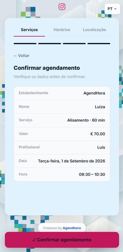 Passo Confirmar agendamento da página de agendamento