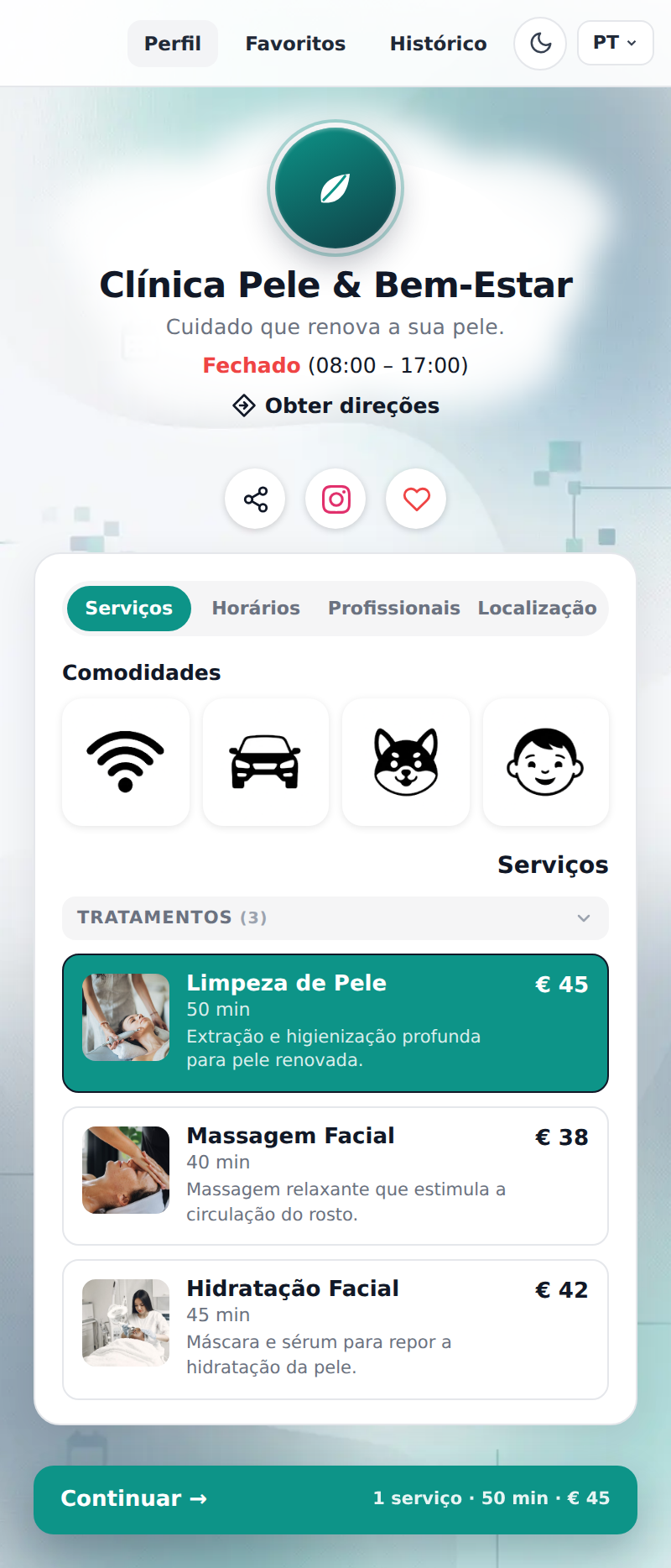 Exemplo da página de agendamento de uma clínica de estética