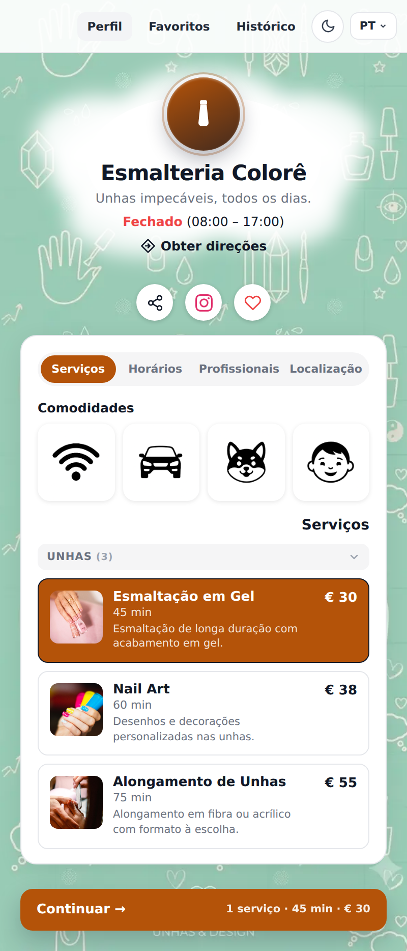 Exemplo da página de agendamento de uma esmalteria