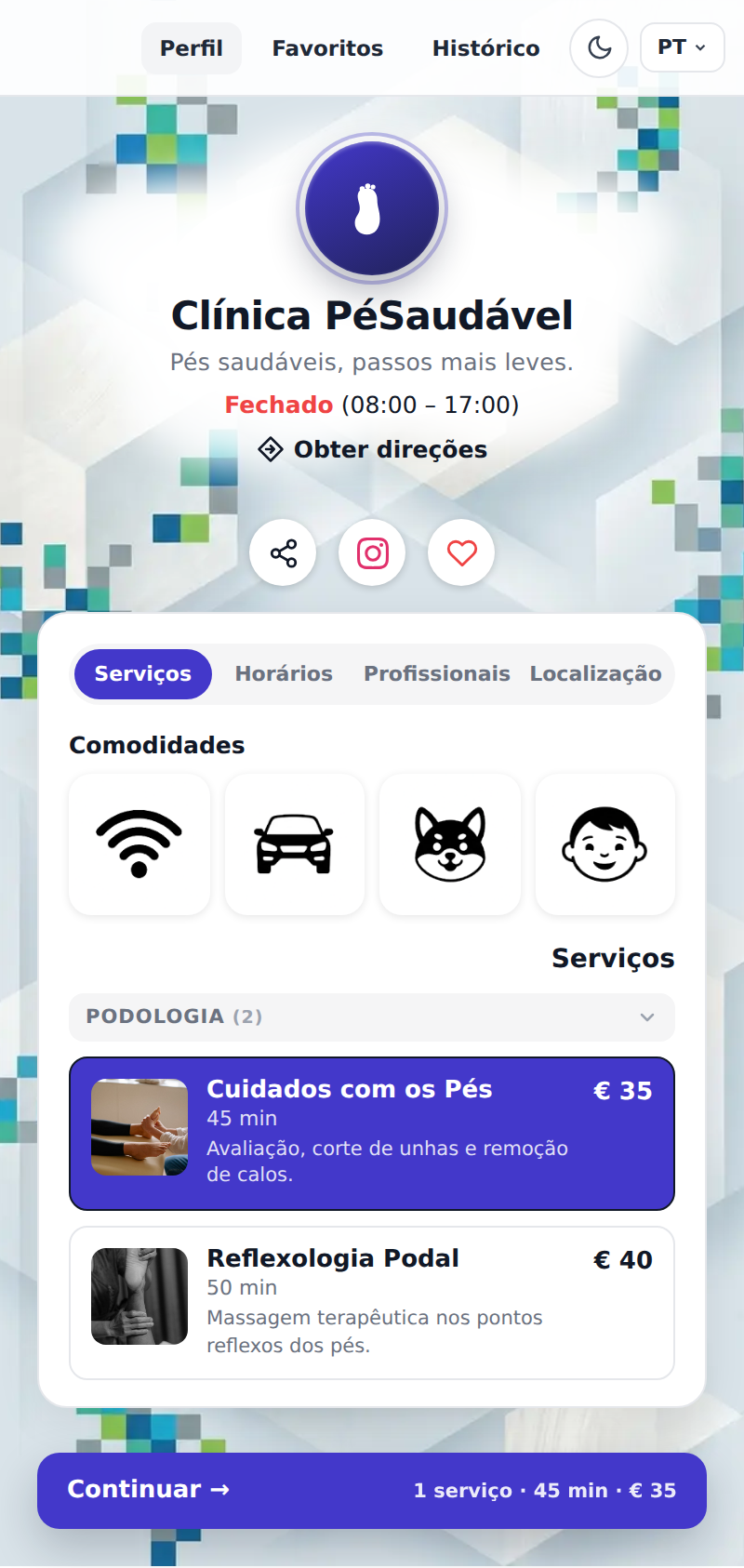 Exemplo da página de agendamento de uma clínica de podologia