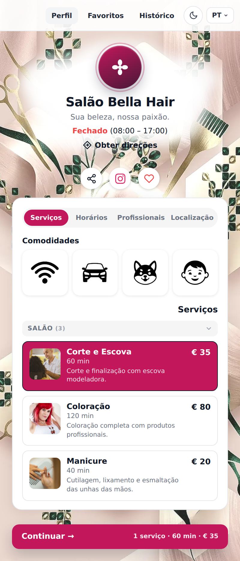 Exemplo da página de agendamento de um salão de beleza