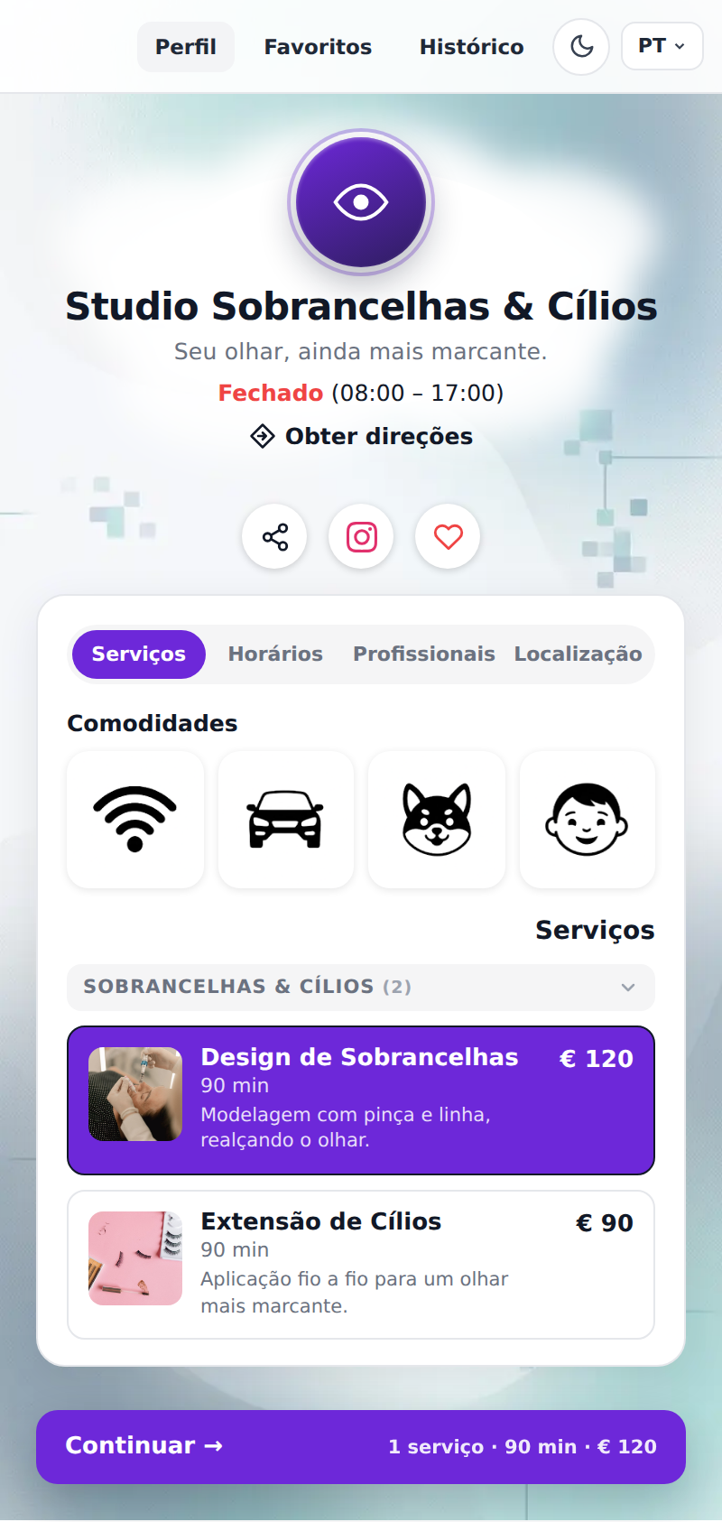 Exemplo da página de agendamento de um estúdio de sobrancelhas e cílios